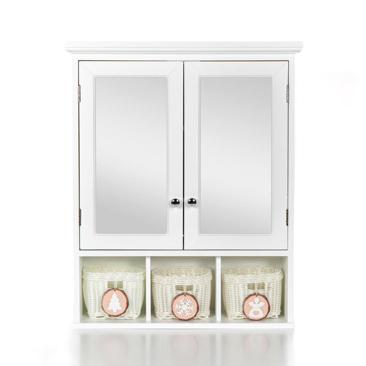 Bathroom Storage Cabinet, Medicine Cabinets For Bathroom With Mirror, 2 Doors 2 Adjustable Shelf  3 Christmas Style Storage Basket, White Wood Cabinet Wall Mounted For Bathroom Laundry Room Kitchen