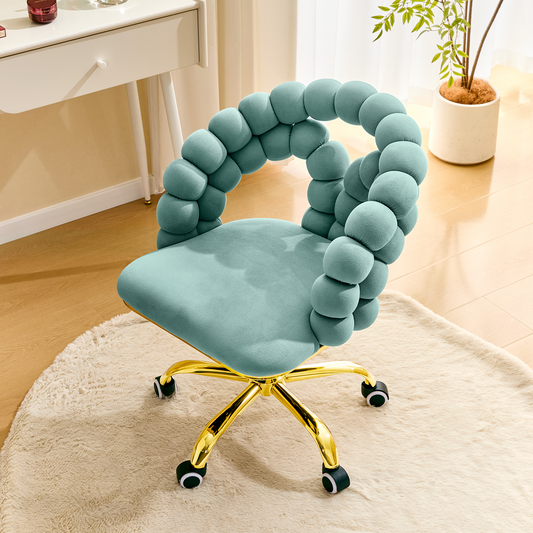 Modern Velvet Adjustable Swivel Desk Chair With Bubble Back, Upholstered Vanity Chair With Gold Metal Base, Rolling Office Chair For Home Office, Bedroom, Makeup Room, Teal  Set Of 1