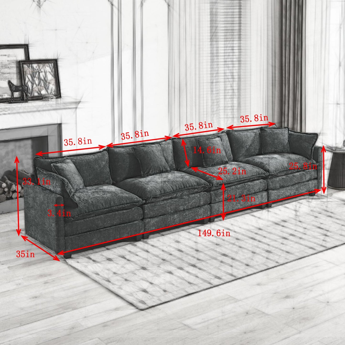 Cloud Sofa 4 Seats Ottoman Is Not Included, Modern Sectional Couch, For Living Room Bedroom And Apartment, Comfy Double Layer Upholstered Seat Cushion, Breathable Chenille Fabric, Black,SW5014BK