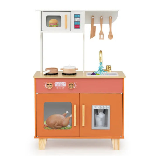 Orange Kids Play Kitchen With Realistic Faucet & Ice Dispenser, Anti-Tipping Pretend Cooking Set For Ages 3-6