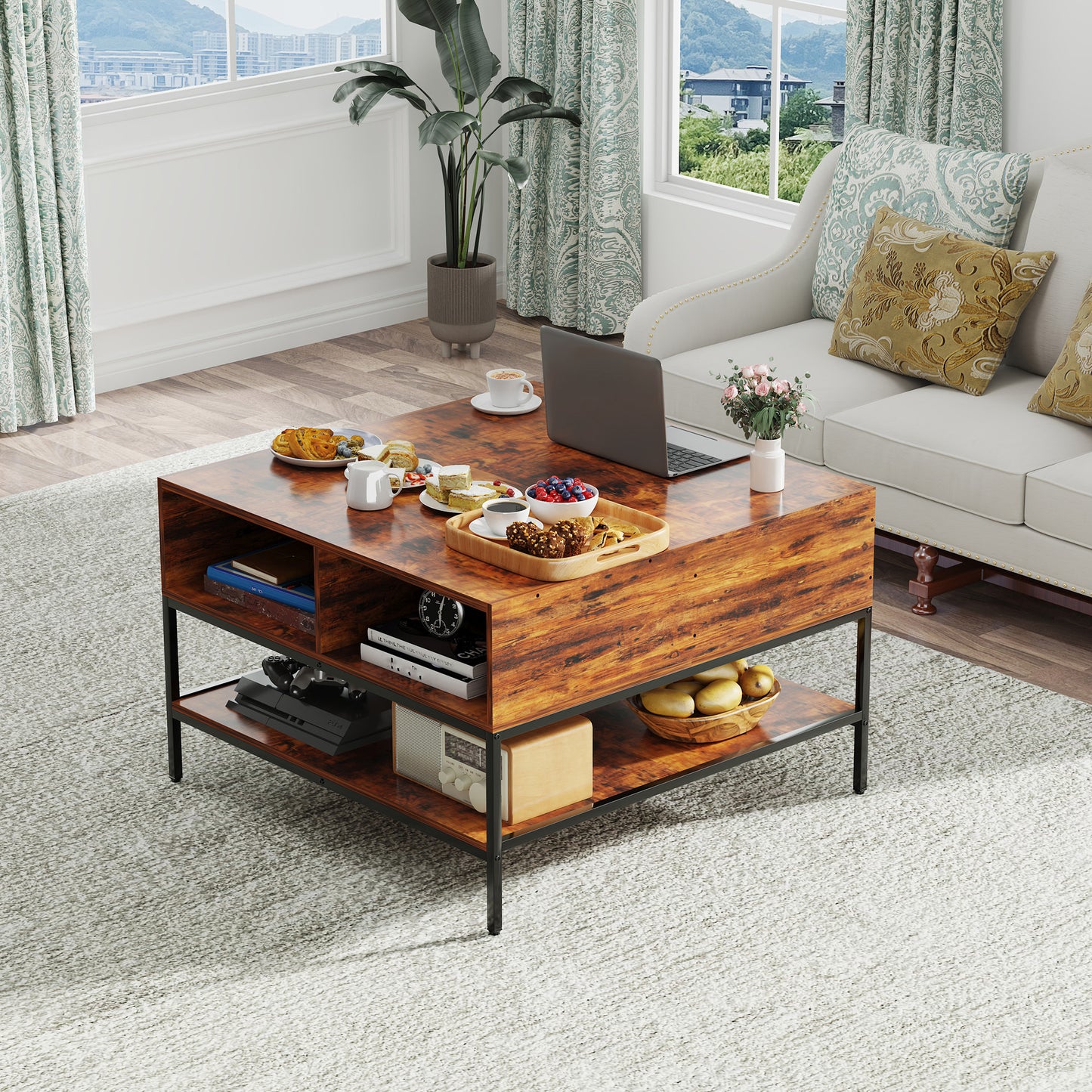 Flip-Top Coffee Table With Storage - Dark Walnut & Black Metal - 31.5 Lift-Top Design W Hidden Compartment - Easy Assembly Living Room Table