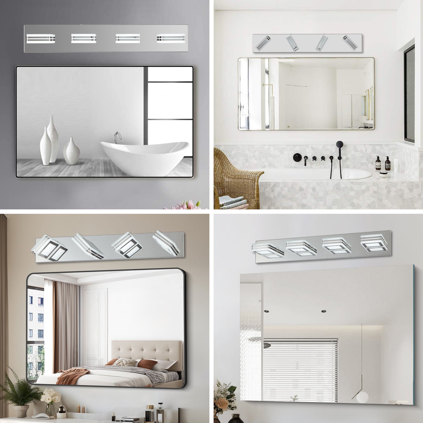 26  Modern Chrome 4-Light LED Vanity Light, Square Acrylic Lampshades Wall Mount Fixture For Bathroom, Mirror Lighting