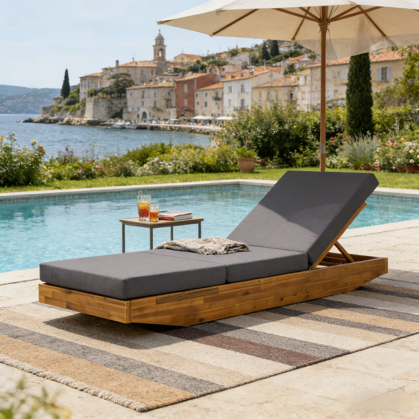 Acacia Wood Chaise Lounge With Cushion - Teak Finish Outdoor Recliner With Dark Grey 3-Fold Water-Repellent Cushion, 300lbs Capacity
