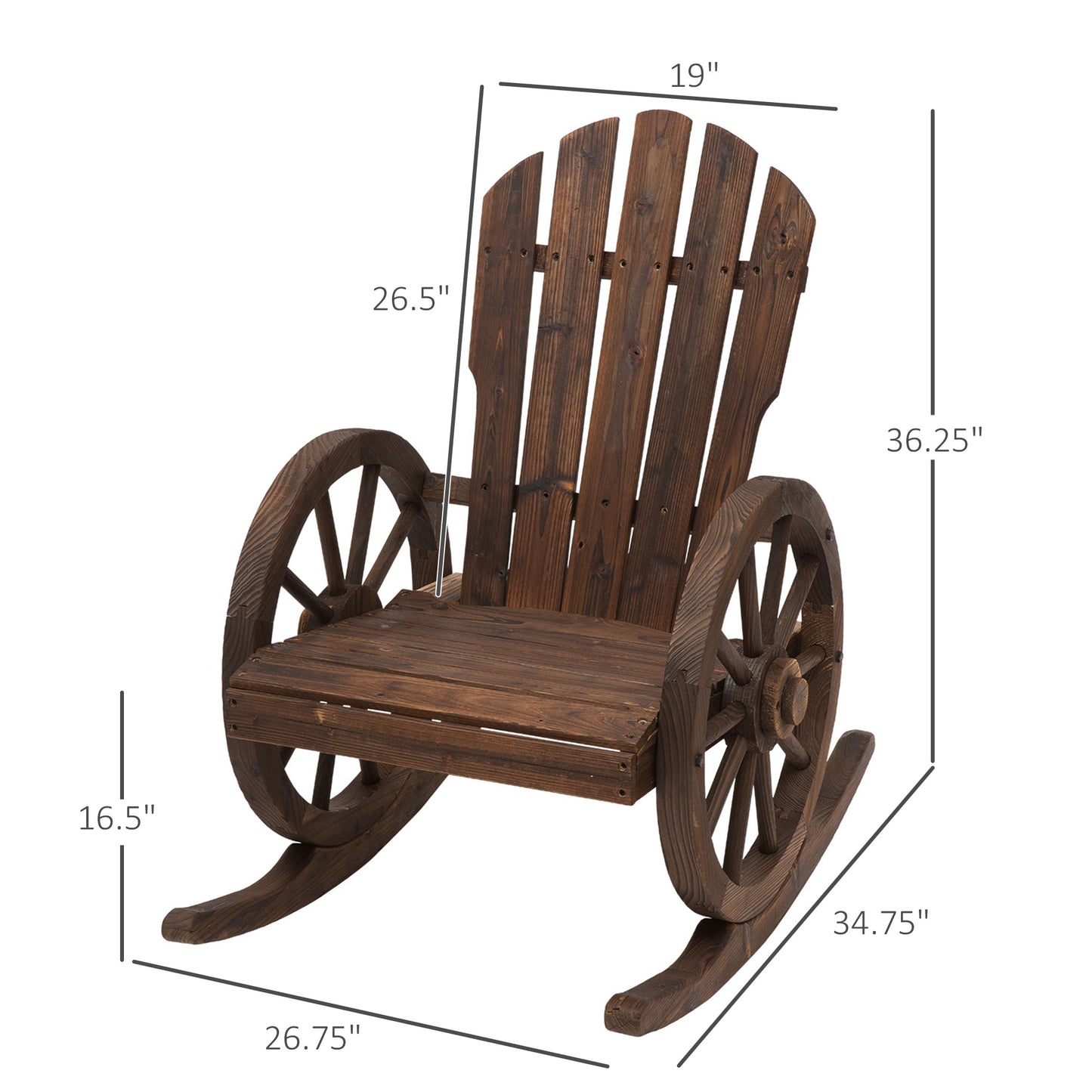 Wooden Rocking Chair, Adirondack Rocker Chair W/Slatted Design And Oversized Back, Outdoor Rocking Chair With Wagon Wheel Armrest For Porch, Poolside, And Garden, Carbonized