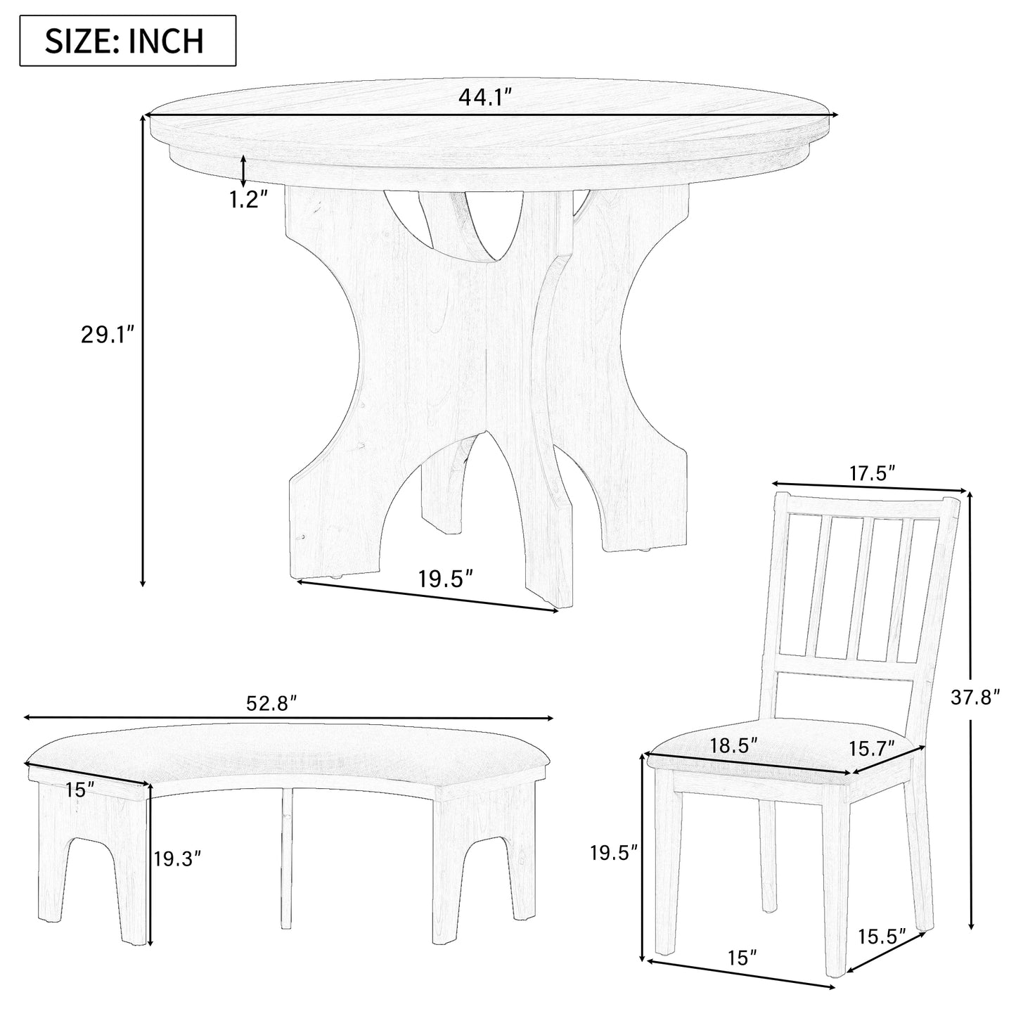 TREXM 5-piece Rustic Charm Round Dining Set With 3 Upholstered Chairs And Curved Bench For Dining Room  Kitchen And Living Room  Natural
