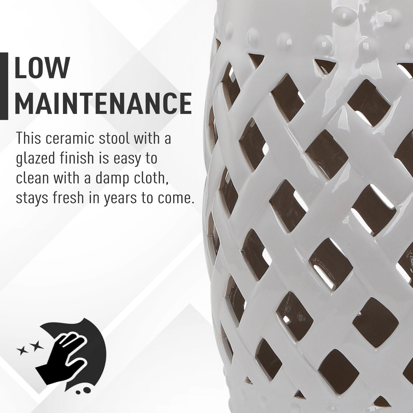 13" X 18" Ceramic Garden Stool With Woven Lattice Design & Glazed Strong Materials Decorative Outdoor Stool, White