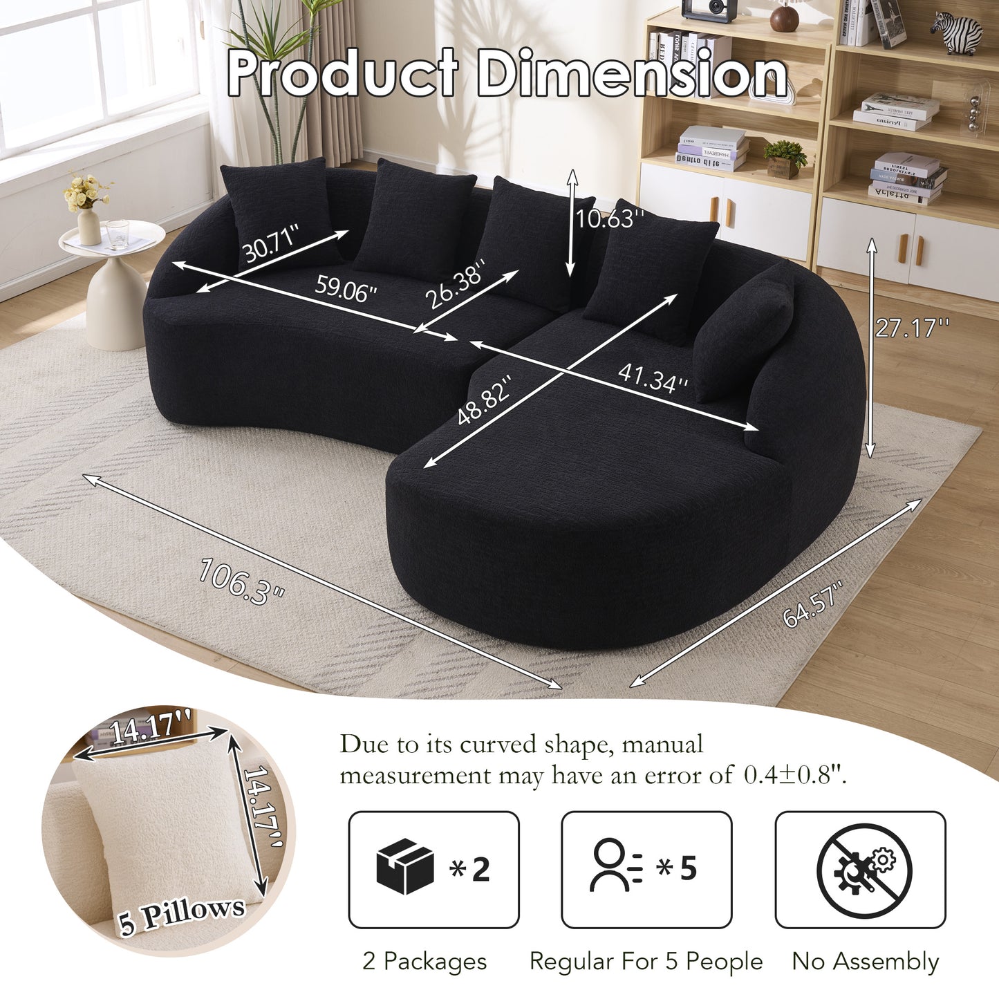New Boneless L-Shape Sectional Sofa With Curved Chaise Black Modular Chenille Compression Couch 30D High-Density Foam Minimalist Modular Couches Sleeper For Living Room Bedroom Apartment Lounge.