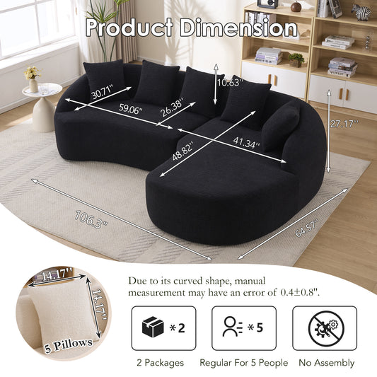 New Boneless L-Shape Sectional Sofa With Curved Chaise Black Modular Chenille Compression Couch 30D High-Density Foam Minimalist Modular Couches Sleeper For Living Room Bedroom Apartment Lounge.