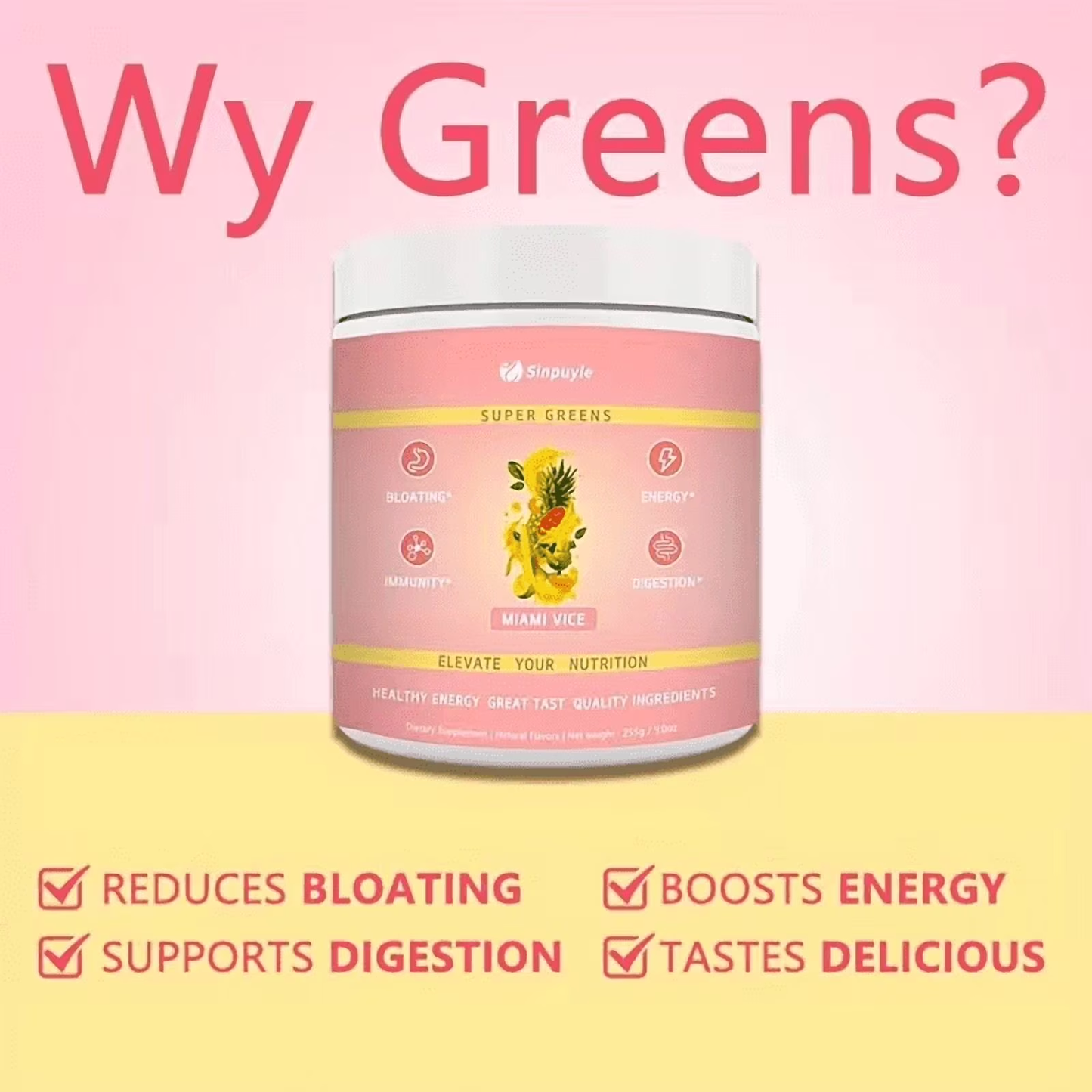 Super Greens Powder Miami Vice Flavor 255g Natural Daily Greens Supplement Supports Energy Digestion Immunity Bloating Relief