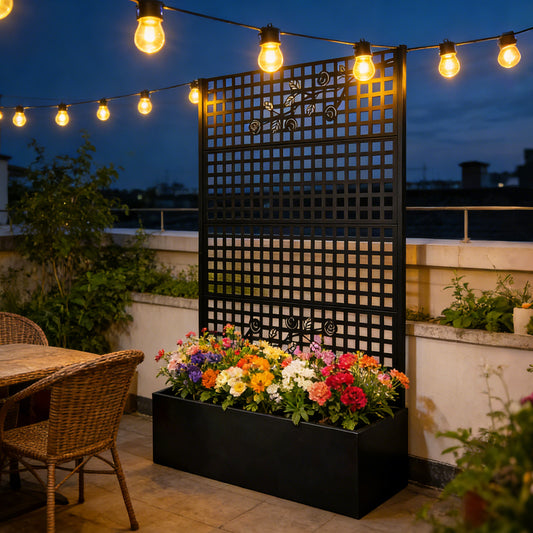 Metal Planter Box With Trellis 70.9in H X 43.3in W X 15.8in D - Outdoor Raised Garden Bed With Privacy Screen Lattice Panels For Patio Decoration For Backyard Patio Balcony, Rose Black