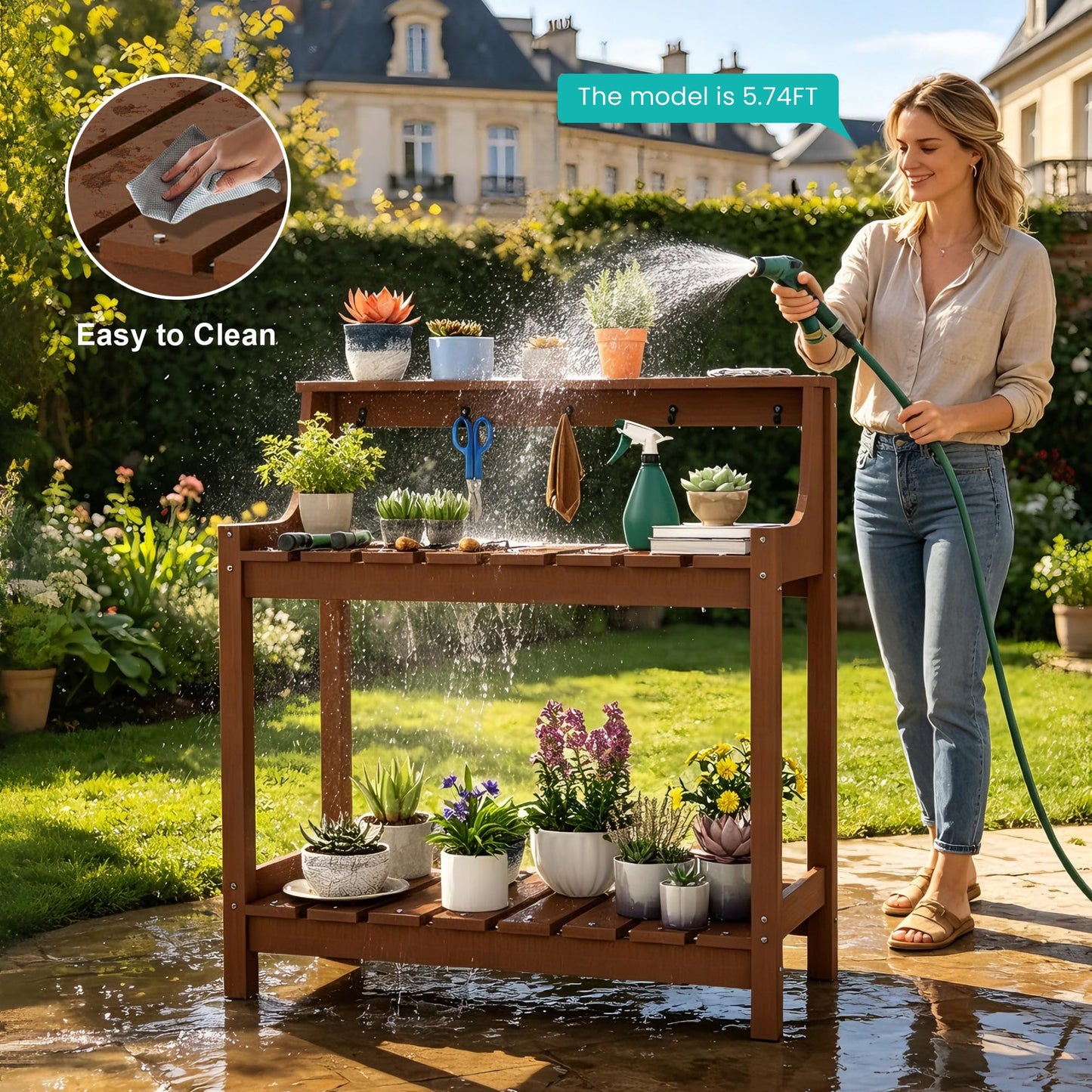 Potting Benches For Outside, HDPE Garden Potting Table All Weather, Outdoor Potting Table With Storage For Patio, Backyard, Garden, Brown