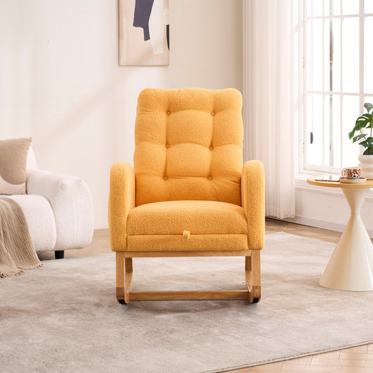 LY-5104 Yellow  Accent Rocking  Chair With  Footrest High Back Rubber Wood Rocking Legs Bedroom Living Space   26.77D X 38.36W X 39.76H Inch