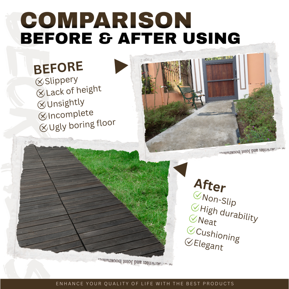 10 PCS Interlocking Deck Tiles Striped Pattern, 12inch X 12inch Dark Brown Square Acacia Hardwood Outdoor Flooring For Patio, Bancony, Pool Side
