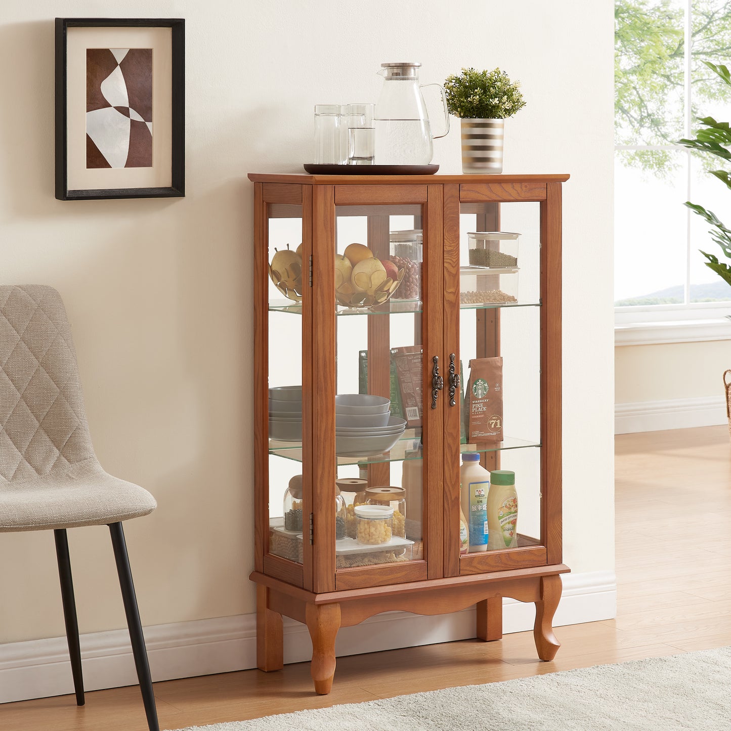 2 Doors Curio Cabinet With Tempered Glass Doors, Curio Cabinets With Mirrored Back Panel And Adjustable Shelves, Lighted Display Cabinet For Home, Office Light Bulb Included Oak