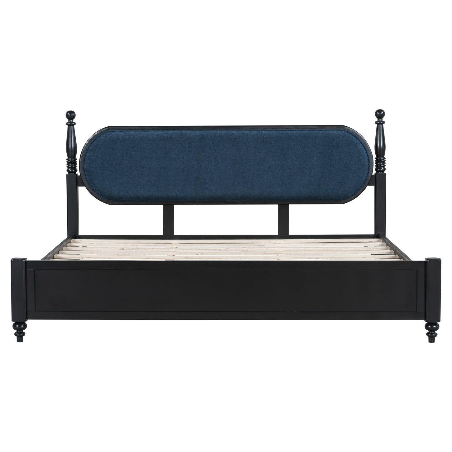 King Bed Frame, Solid Wood Platform With Slats, Modern Navy Blue & Black Bedroom Furniture, No Box Spring Needed