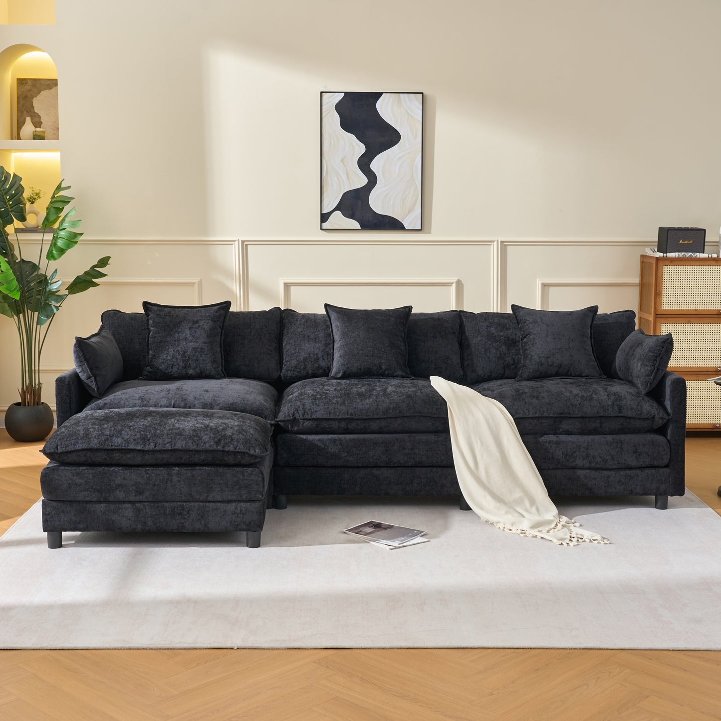 108  L Shaped Modern Sofa Modular Sectional Cloud Couch With Ottoman, 4 Seat Chenille Deep Seat Sofa With Pillow For Living Room, Bedroom And Apartment