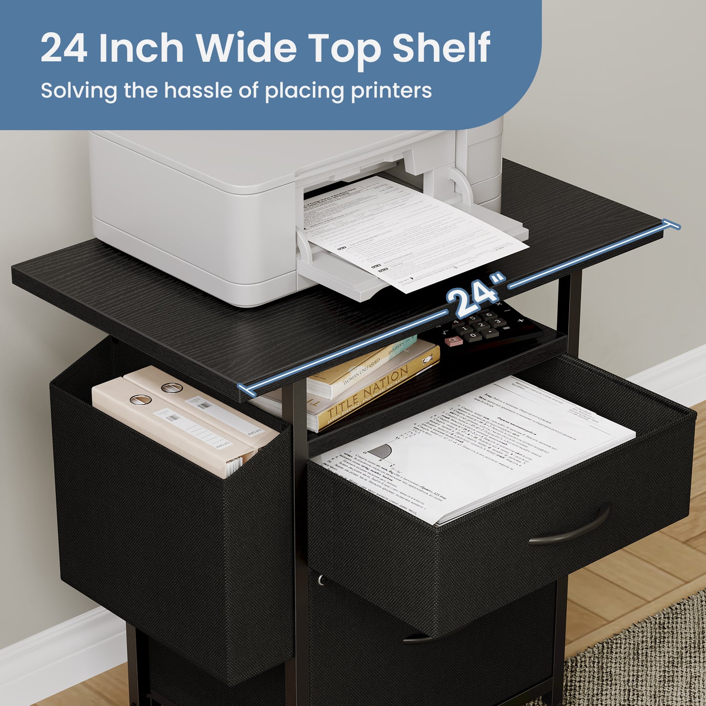 Rollable Filing Cabinet, Equipped With Drawers And Storage Shelves, Printer Placement Area, Size Suitable For A4 Paper Size