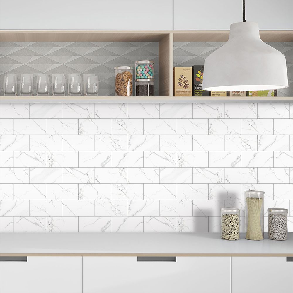 White Marble Look Wall Sticker Peel And Paste Splash-proof PVC Composite Wall Tile Kitchen Bathroom