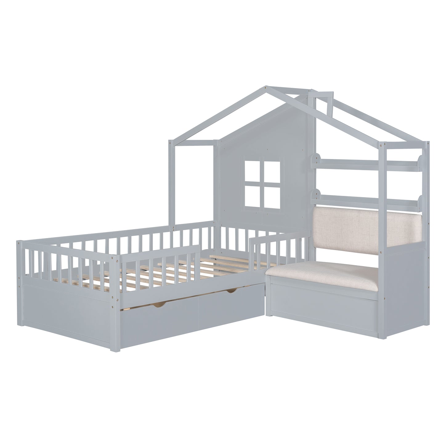 Twin Size House Bed With Sofa, Kids Platform Bed With Two Drawers And Storage Shelf, Gray  Old