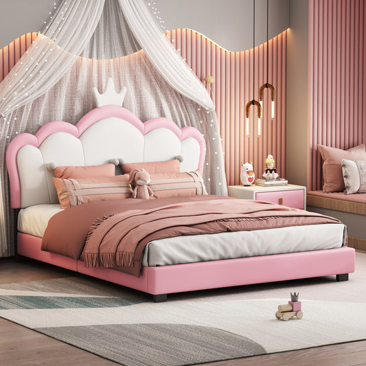 Full Size Upholstered Princess Bed With Crown Headboard,Full Size Platform Bed With Headboard And Footboard, Cream Pink