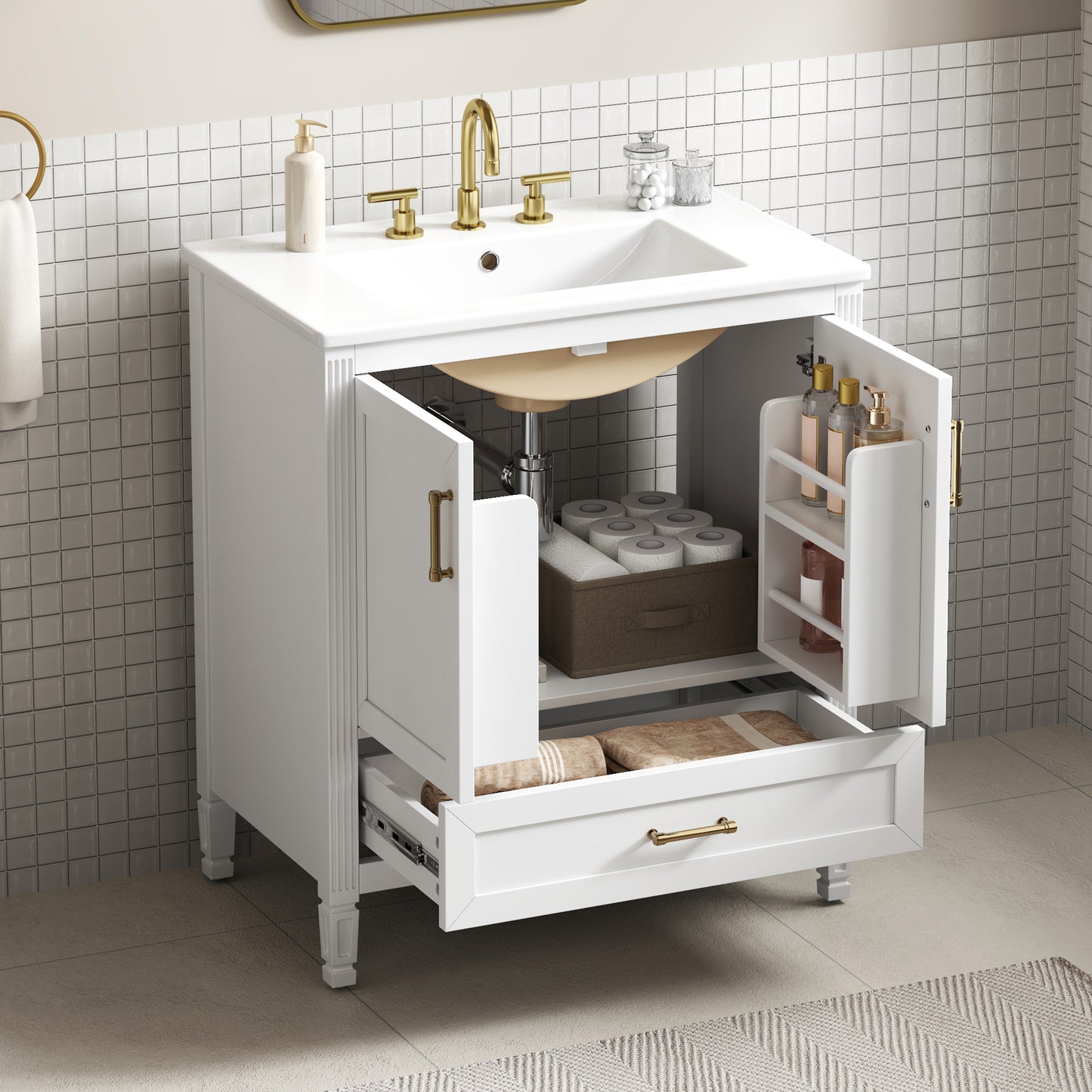 Video  30  Elegant Fluted Bathroom Vanity With Ceramic Sink, Single Box Shipping, Solid Wood Legs, Soft-Close Doors & Drawer, Door Shelf, White