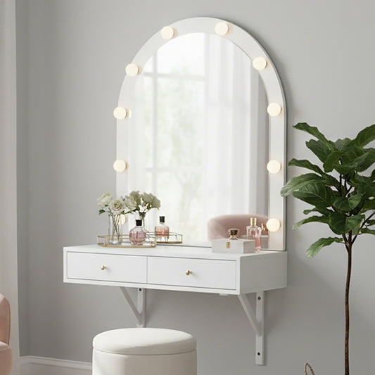 Floating Makeup Vanity Desk With Mirror & 3-Color Lights, Wall Dressing Table With Power Outlet, Compact Vanity, Large Storage, White