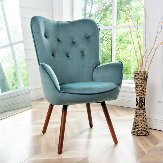 Mid-Century Modern Wingback Accent Chair, Button-Tufted Polyester Fabric Armchair With Solid Wood Splayed Legs For Living Room Bedroom Home Office