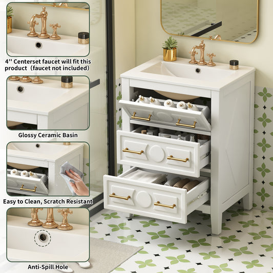 24   Bathroom Vanity With Ceramic Sink Combo, Free Standing Single Vanity Set With 3 Drawers, Solid Wood Frame Bathroom Storage Cabinet, White