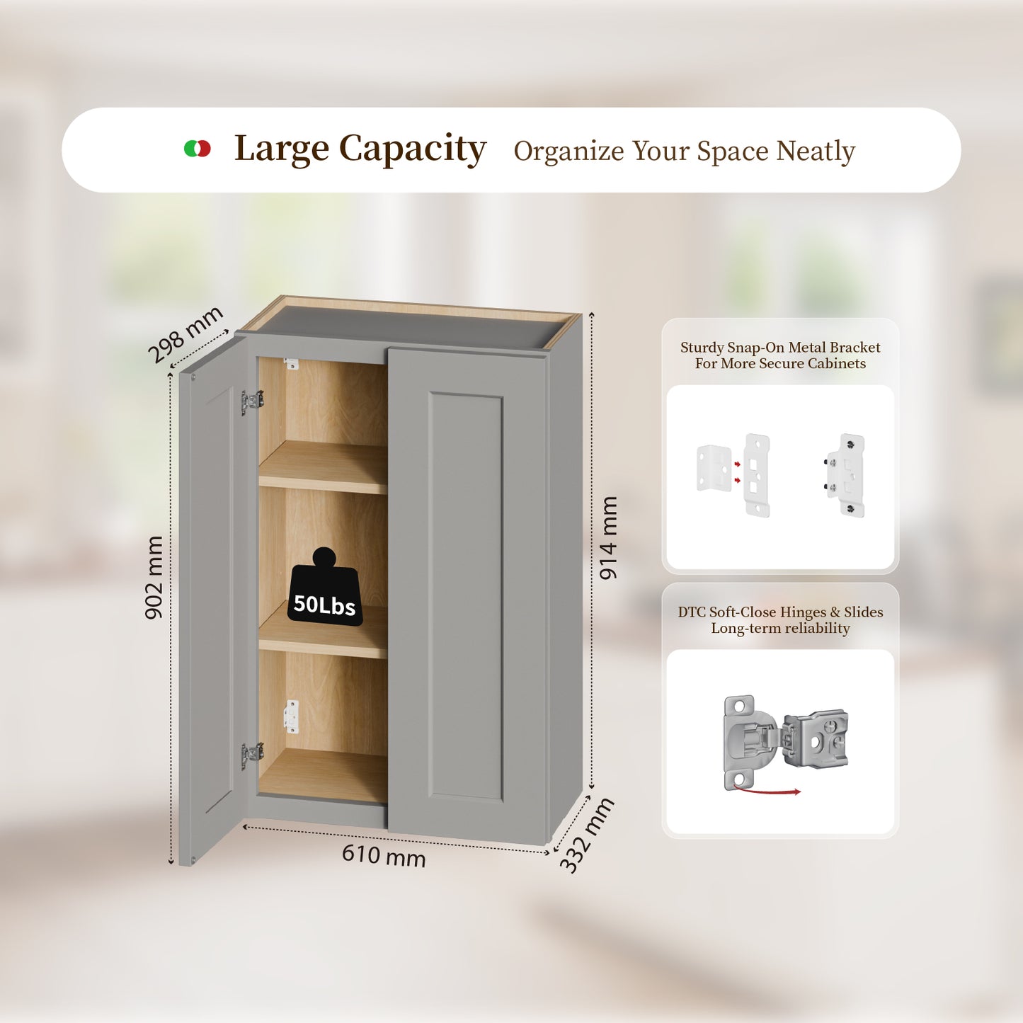 Gray Shaker Solid Wood Wall Cabinet With Soft-Close Doors, Adjustable Shelves - 24  Double Door Storage For Kitchen, Bathroom, Laundry, Garage  Easy Assembly, 24 W X 12 D X 36 H
