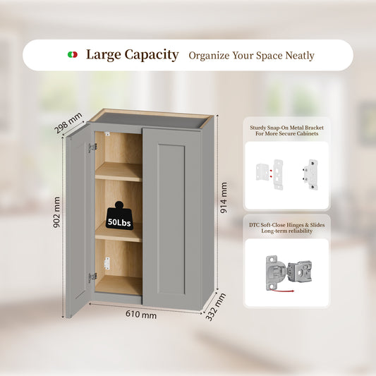 Gray Shaker Solid Wood Wall Cabinet With Soft-Close Doors, Adjustable Shelves - 24  Double Door Storage For Kitchen, Bathroom, Laundry, Garage  Easy Assembly, 24 W X 12 D X 36 H