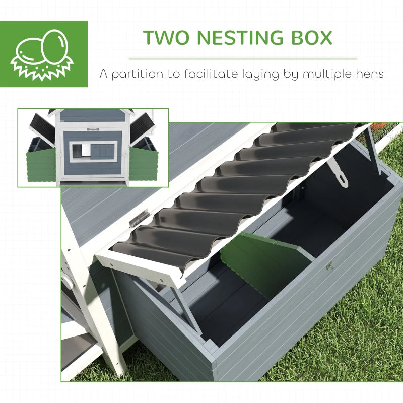 156Extra Large Wooden Chicken Coop With 2 Nesting Box, Run Cage, Waterproof Wave Roof, For 10-15 Chickens, Light Gray