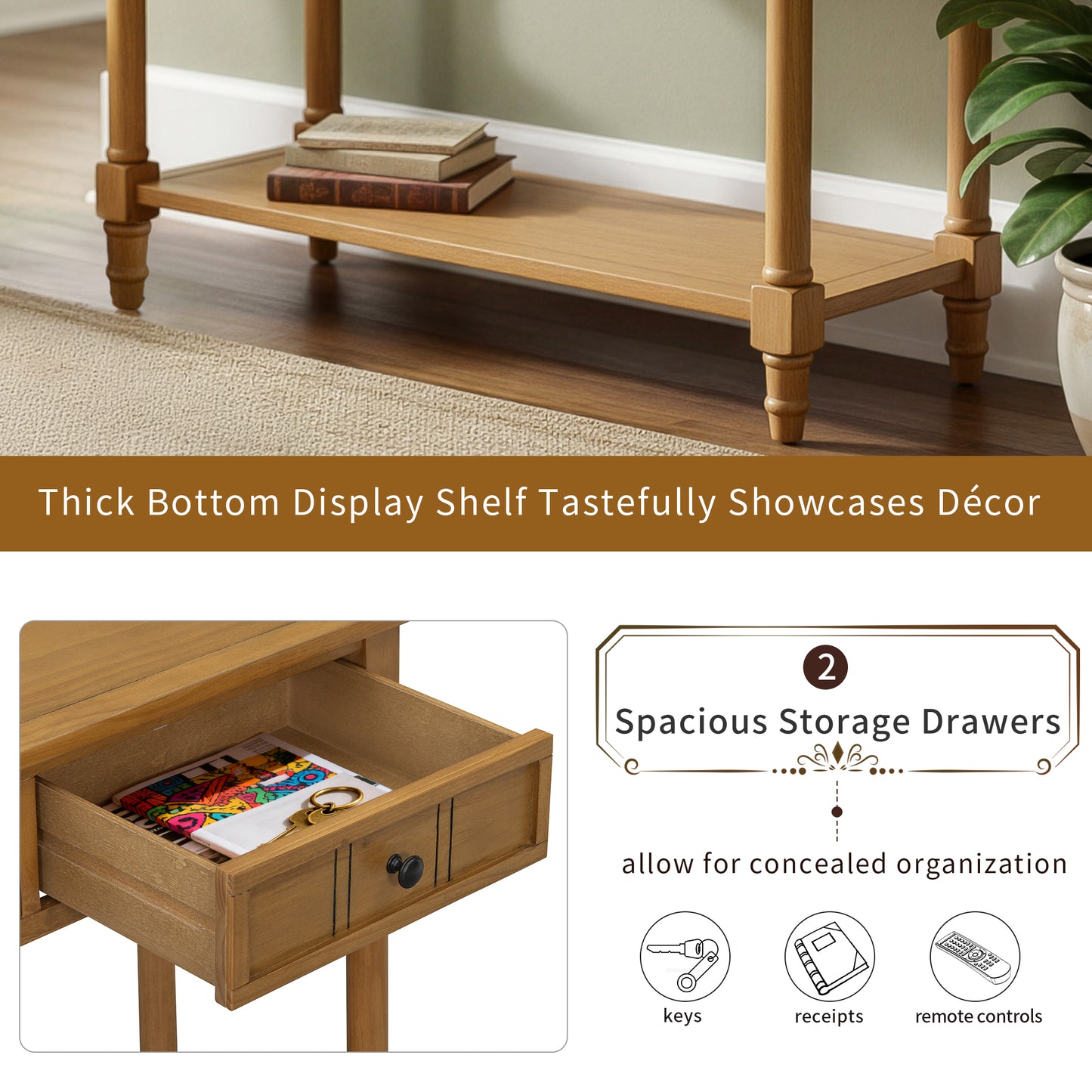 TREXM Daisy Series Console Table Traditional Design With Two Drawers And Bottom Shelf  Natural