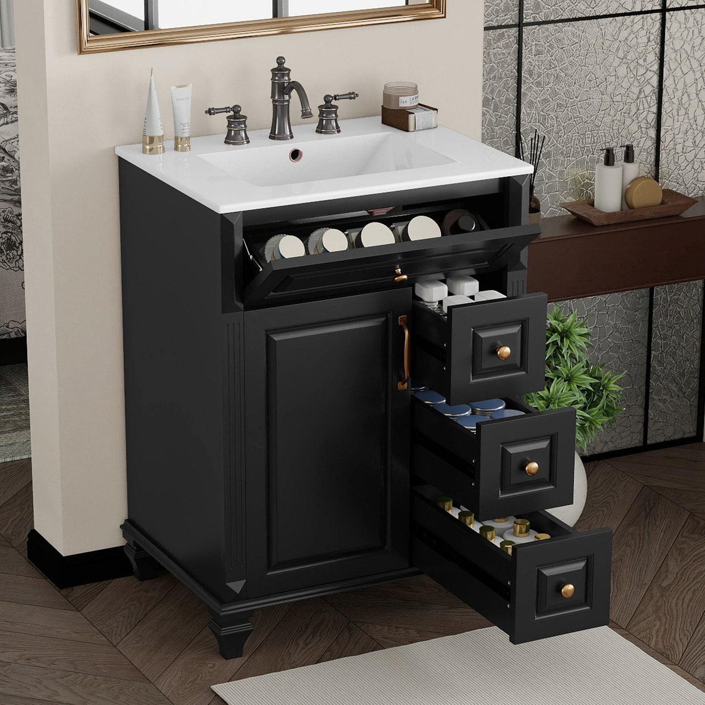 24 Inch Bathroom Vanity With Sink, Black Freestanding Vanity Cabinet With Flip-Out Drawer, 3 Drawers & Storage Cabinet, Solid Wood & MDF, Ceramic Sink Top
