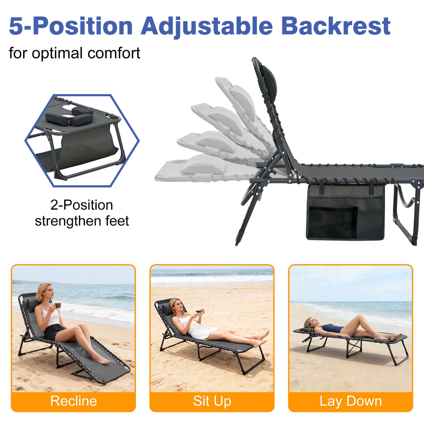 Face Down Chaise Lounge Chair 5-Position Adjustable Sunbathing, Foldable Tanning Chair With Face& Arm Holes, Outdoor Recliner Chair For Pool, Beach, Patio, Lawn  Black, 2 Pcs