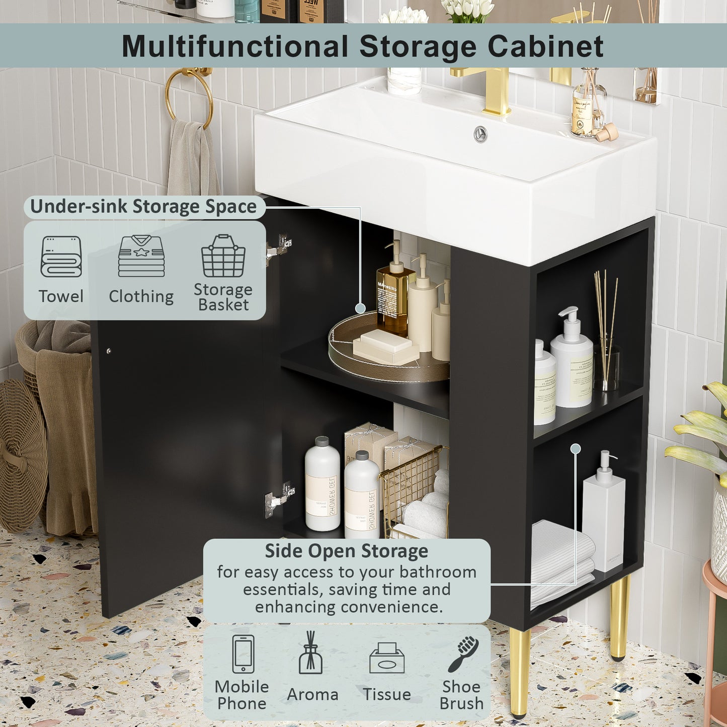 21.6  Black Bathroom Vanity, Combo Cabinet, Bathroom Storage Cabinet, Single Ceramic Sink, Right Side Storage