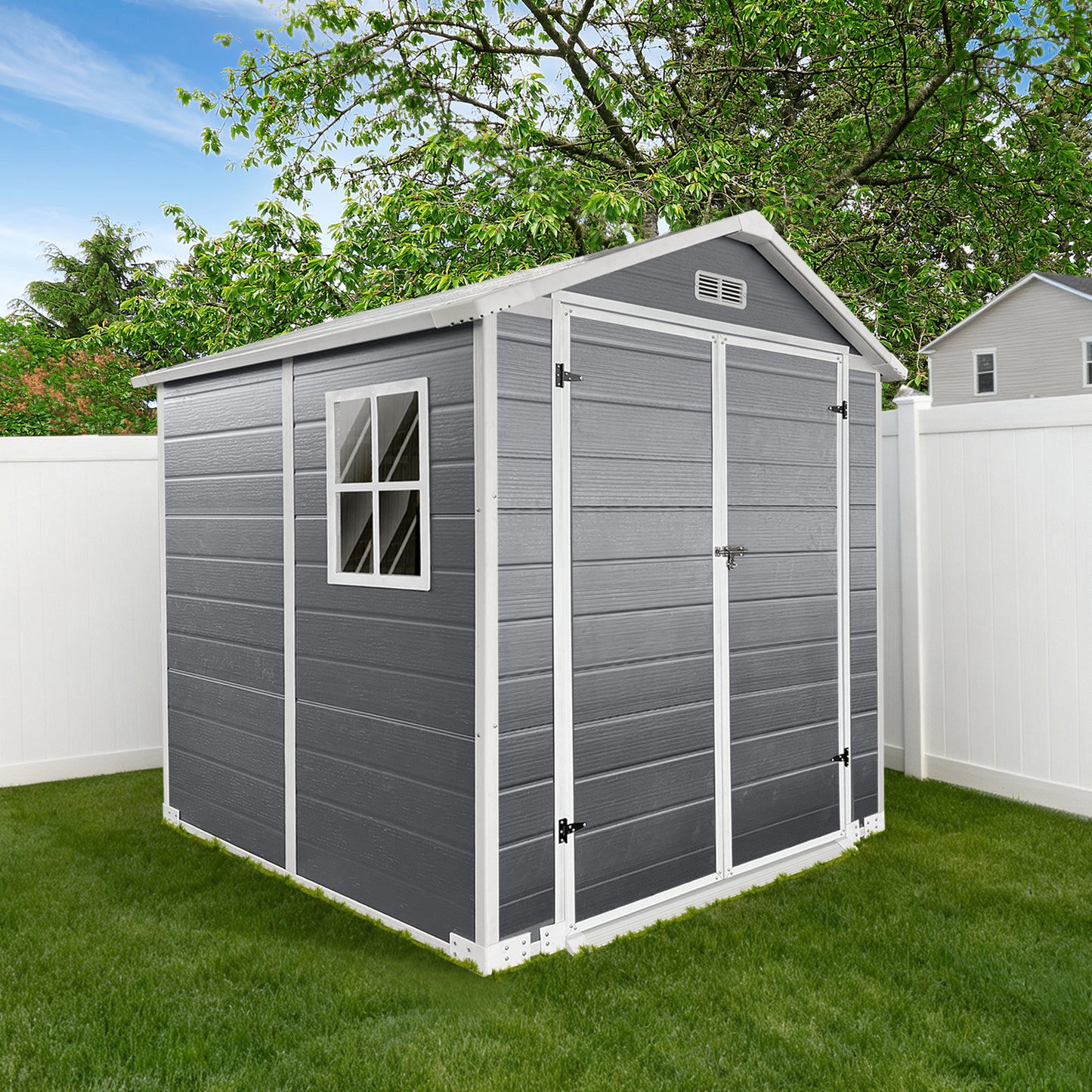6x6 Ft Plastic Outdoor Storage With Floor And Lockable Door Plastic Garden Shed For Backyard, Lawn, Gray