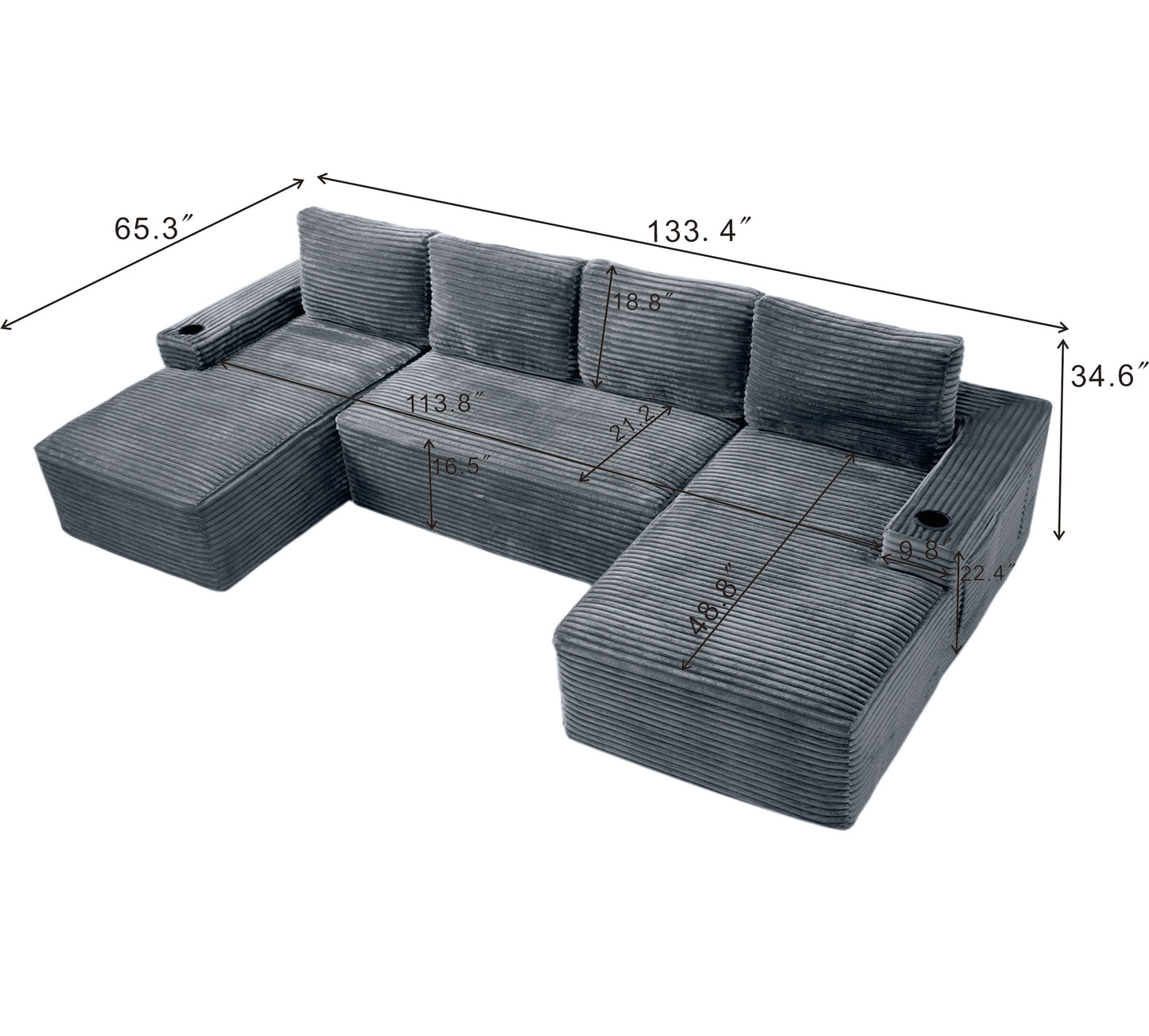 Compressible U-Shaped Sectional Sofa Set,Minimalist Style Modular Sectional Sofa, Corduroy Fabric Cloud Couch For Living Room