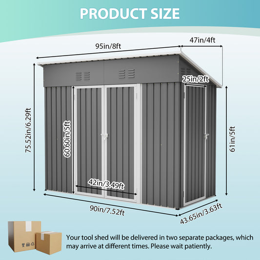4x8 Slope-Roof Reinforced Storage Shed With Weatherproof Sloping Roof & 4 Air Vents, Heavy-Duty Sturdy Metal Frame, Left Right Optional Door, Outdoor Tool Shed Warehouse For Garden Storage Pet House