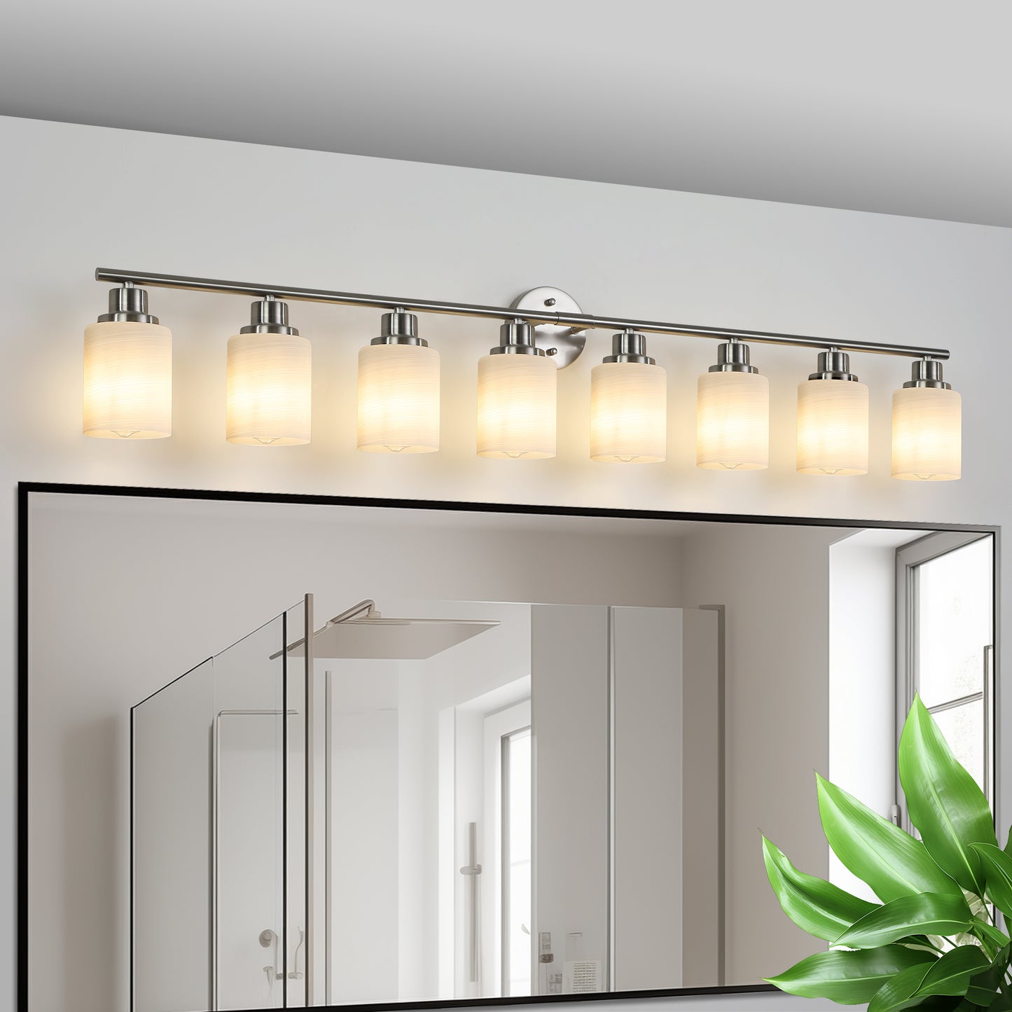 52  Modern 8-Light Vanity Wall Sconce, Brushed Nickel Finish With Frosted Glass Shades For Bathroom Or Hallway Lighting No Bulbs