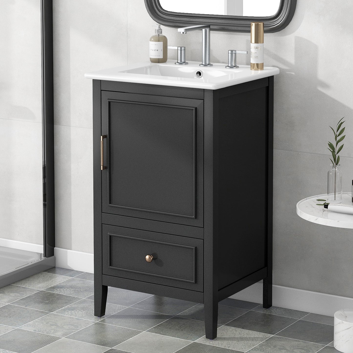 20 Bathroom Vanity With Sink, Bathroom Cabinet With A Door, Door Shelf Storage And Adiustable Foot Pads, A Drawer, Black