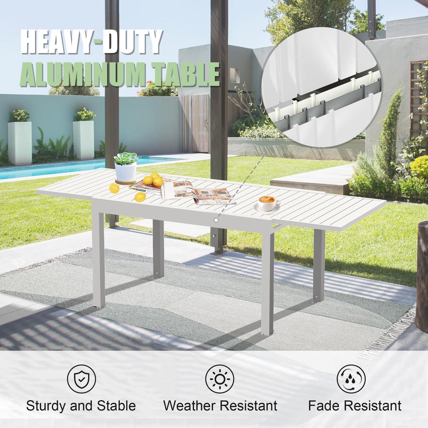 Aluminum Patio Extendable Dining Table 35  - 71  , Adjustable Indoor Outdoor Patio Dining Table With E-Coating For 4-6 Person Garden Lawn Porch Bistro Furniture, Elegant Ivory White
