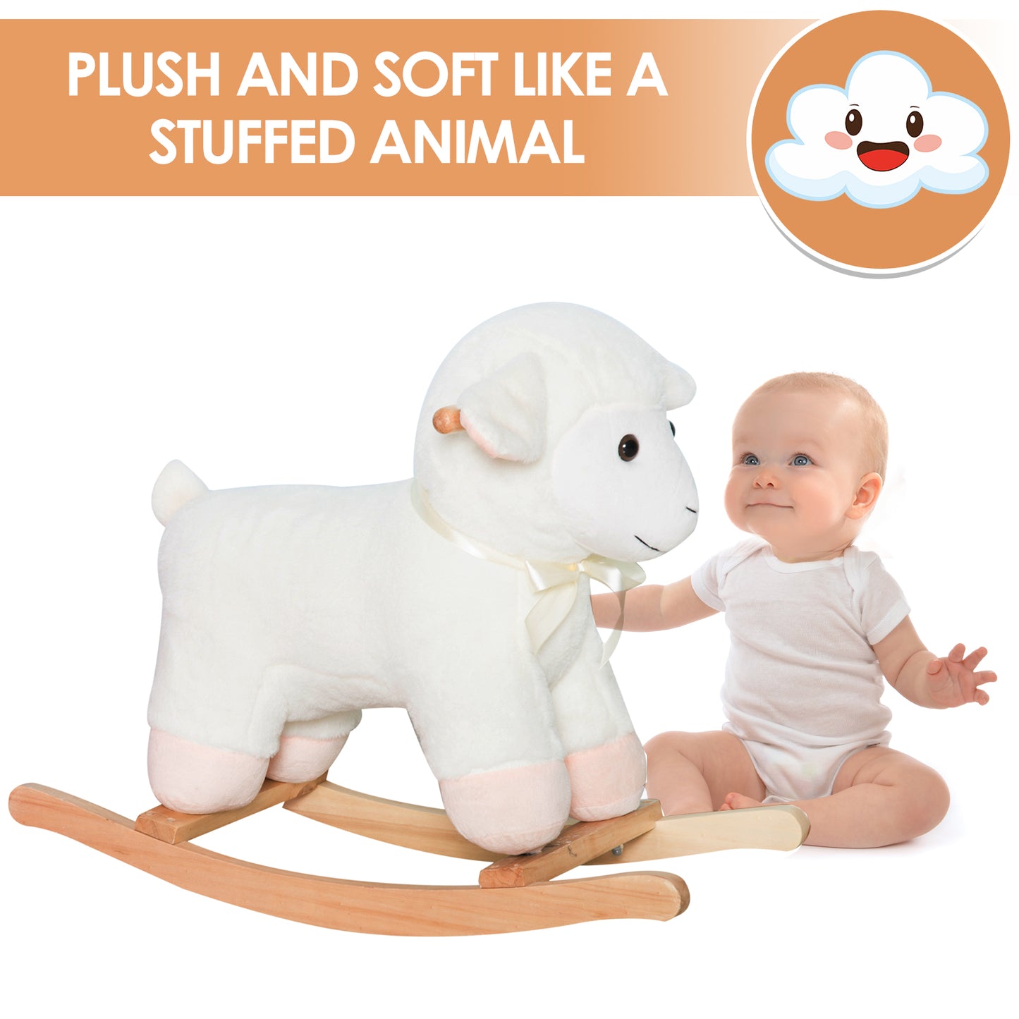 Lamb Rocking Horse Sheep, Nursery Stuffed Animal Ride On Rocker For Kids, Wooden Plush, White