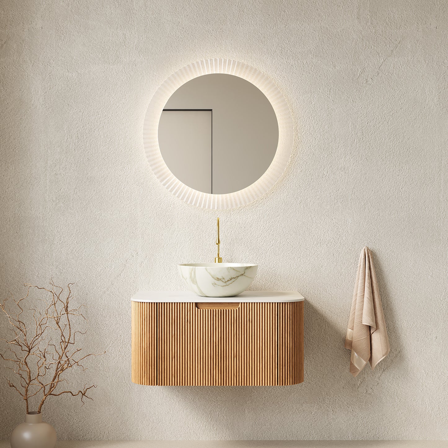 DINA 30 Bathroom Vanity&Sink, Floating Curved Edges Striped Storage Cabinet With Drawer, Matte Stone White Bowl Ceramic Basin&Carrara White Sintered Stone Top, Pre-assembled, Natural Woodgrain Color