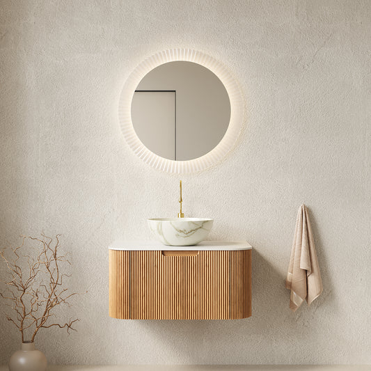 DINA 30 Bathroom Vanity&Sink, Floating Curved Edges Striped Storage Cabinet With Drawer, Matte Stone White Bowl Ceramic Basin&Carrara White Sintered Stone Top, Pre-assembled, Natural Woodgrain Color