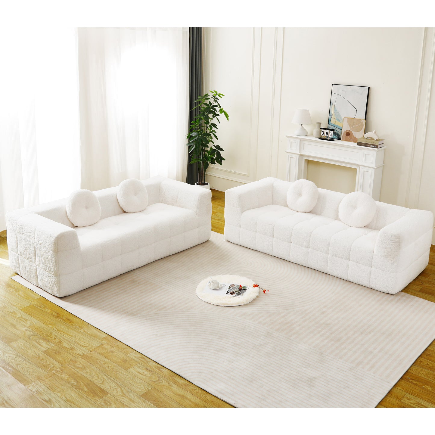 Modern Boneless Couch With Two Circular Throw Pillows,Skin-friendly Lychee-textured Long-pile Polyester Fabric,Checkered Fabric Design Foam Sofa