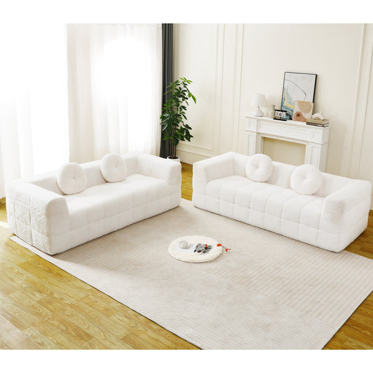 Modern Boneless Couch With Two Circular Throw Pillows,Skin-friendly Lychee-textured Long-pile Polyester Fabric,Checkered Fabric Design Foam Sofa