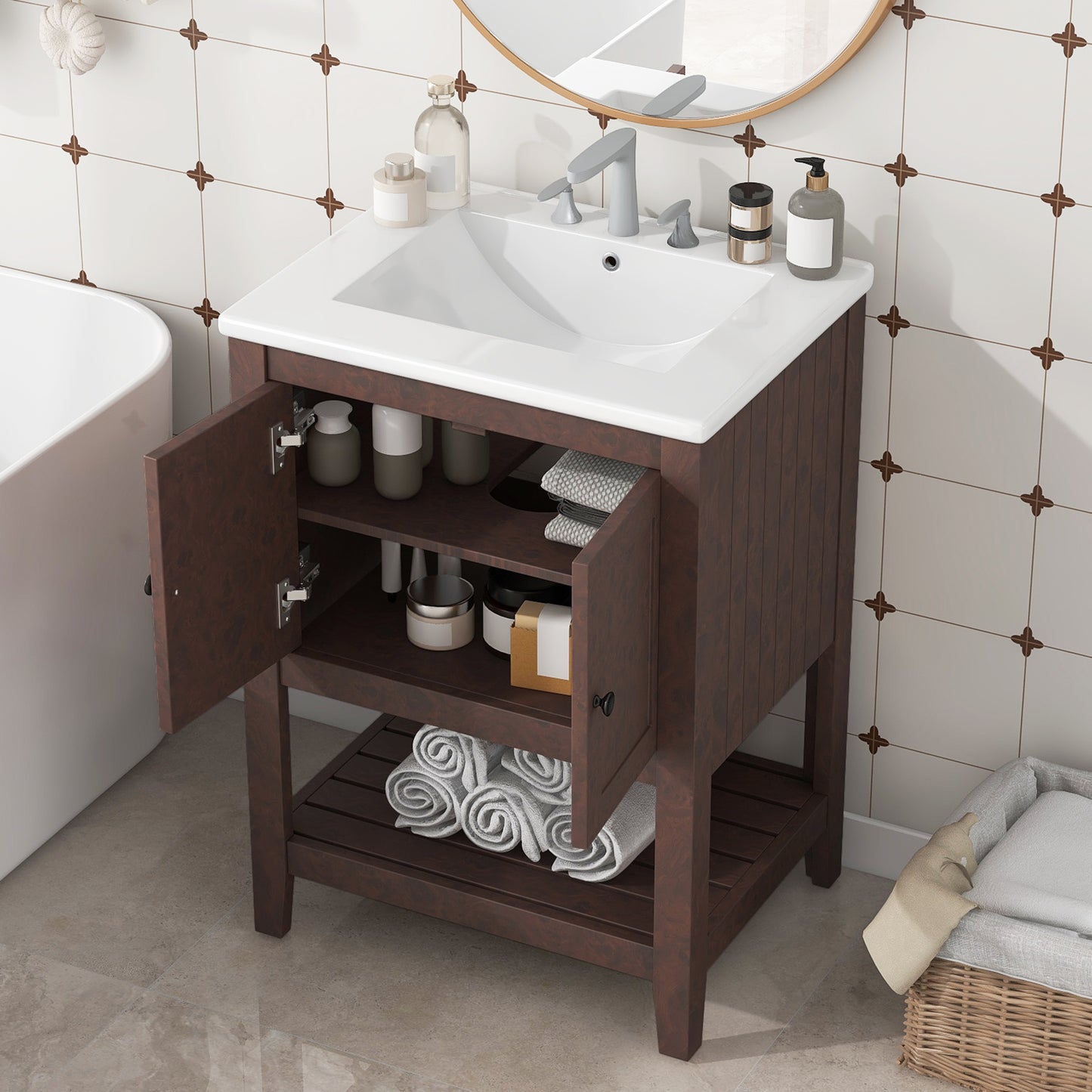 24  Brown Modern Sleek Bathroom Vanity Elegant Ceramic Sink With Solid Wood Frame Open Style Shelf