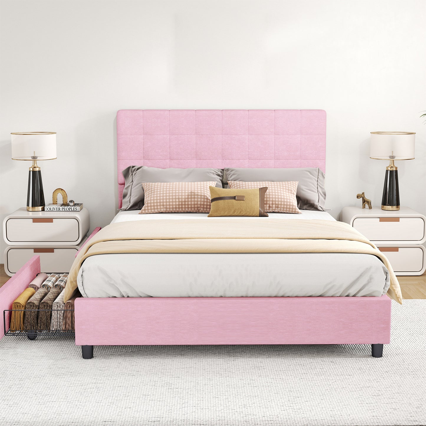 Queen Bed Frame Upholstered Vertical Channel Headboard Bed Frame With 4 Storage Drawers Wood Slats No Box Spring Needed Easy Assembly For Bedroom