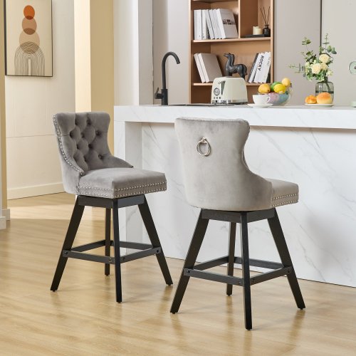 Swivel Velvet Barstools With Button Tufted Decoration And Wooden Legs, And Chrome Nailhead Trim, Leisure Style Bar Chairs,Bar Stools, Set Of 2 Gray,SW1860GY