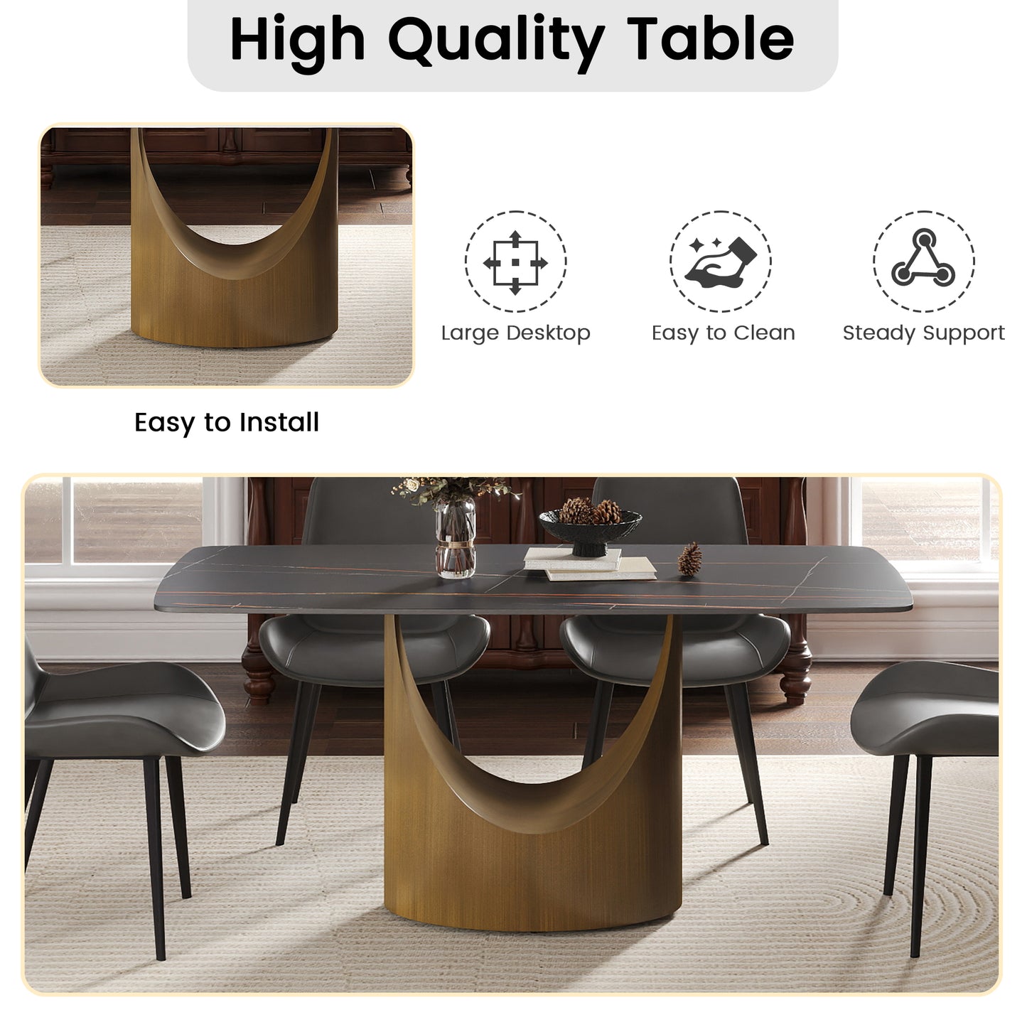63  Modern Artificial Stone Curved Black Panel Bronze Iron Metal Legs-Can Accommodate 6-8 People